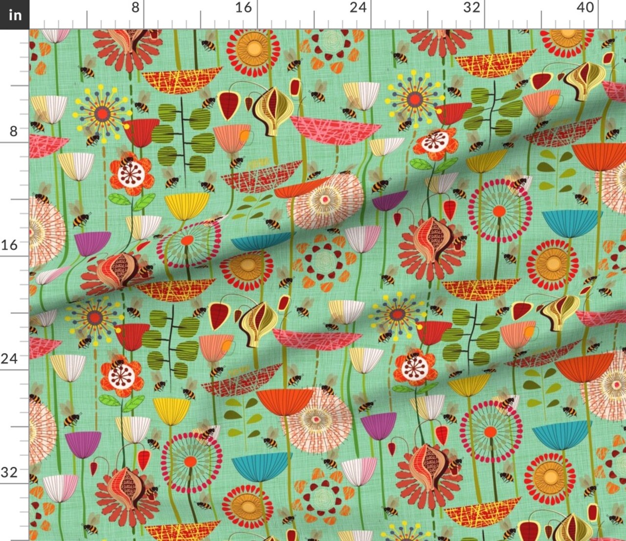 Bees Fly Floral Vintage Bee Coral Atomic Mod Botanical Scandinavian Wedding Custom Printed Fabric by Spoonflower Various Fabrics by the Yard or Fat Quarter